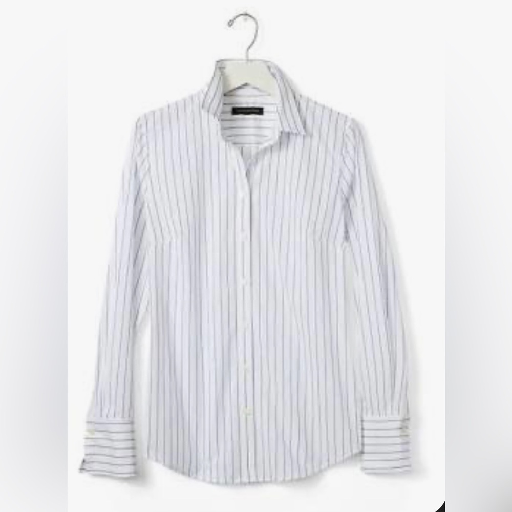 Ann Taylor Striped Button-Down Shirt in Blue and White - Picture 2 of 6